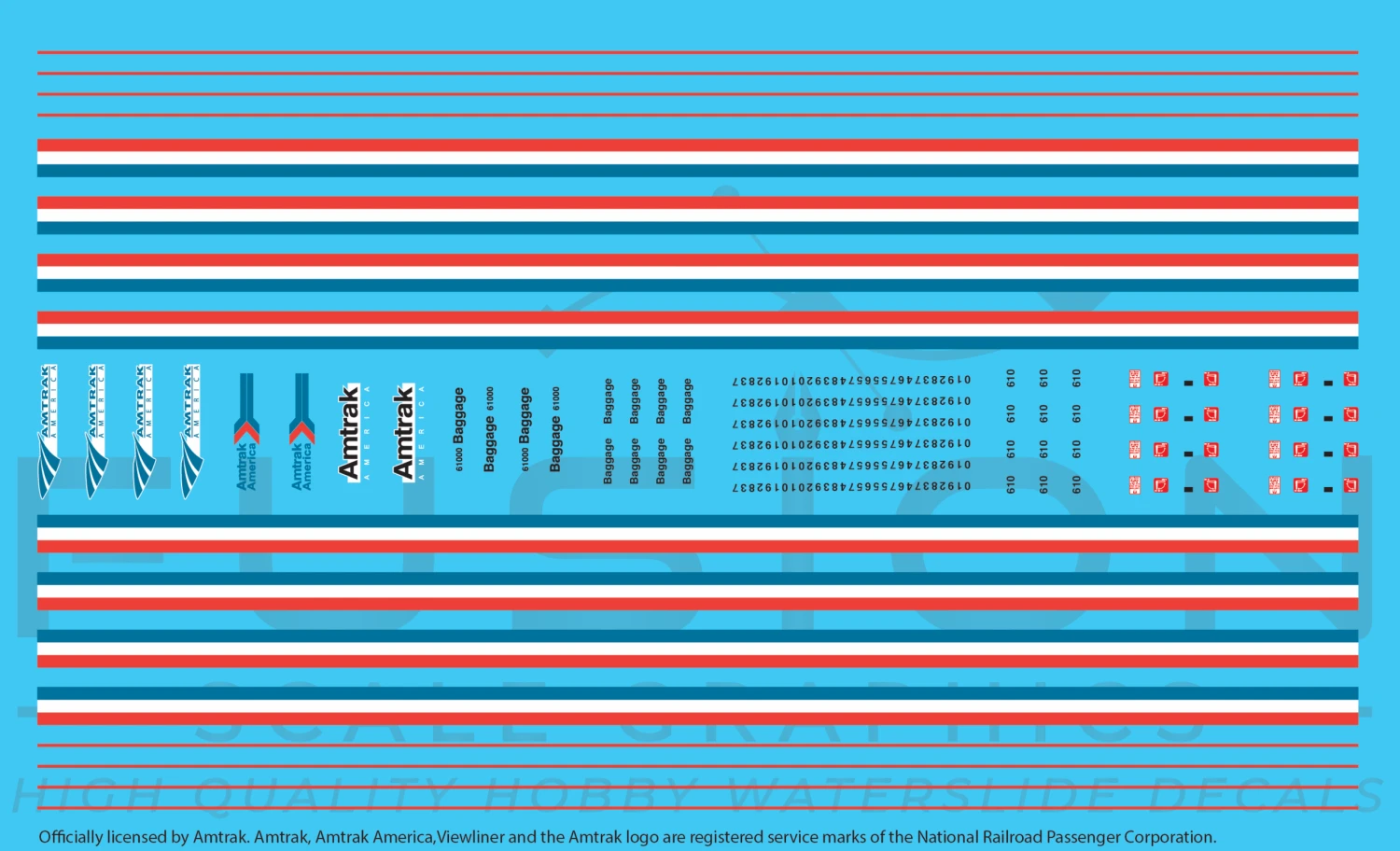 Fusion Scale Graphics AMTK3030-160 N Scale Amtrak Phase III Viewliner Baggage Car Decal Set